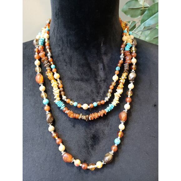 Women Multistrand Beaded Necklace Mixed Gemstones Turquoise Amber Look - Picture 2 of 5